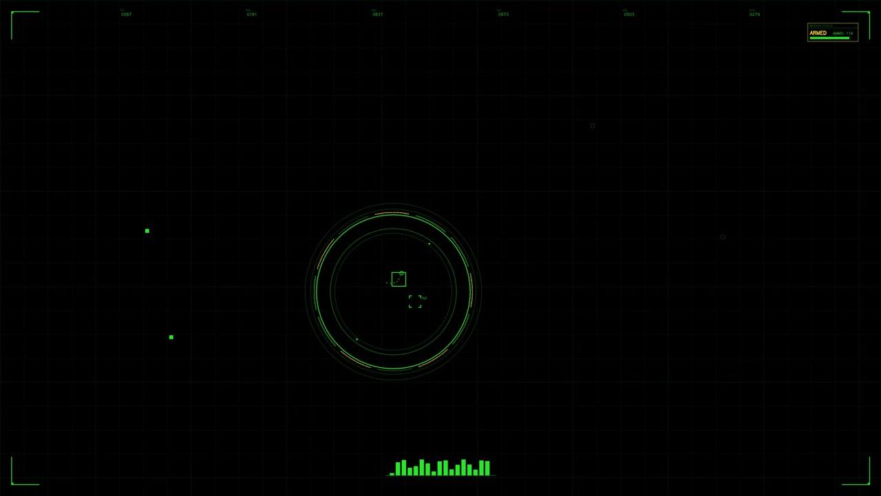 The scene shows a military heads up display featuring a radar system. The interface highlights targets and sections with a digital design. The green graphics indicate an active operation