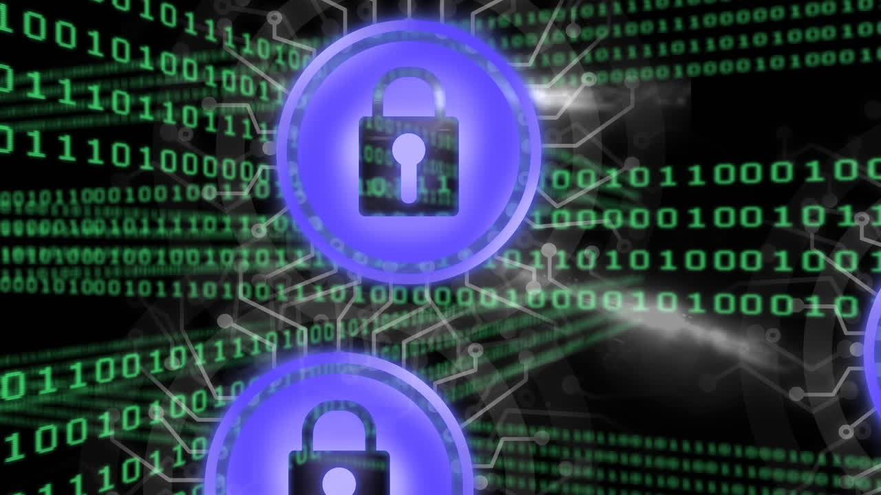 Animation of network of connections with online security icons over binary coding