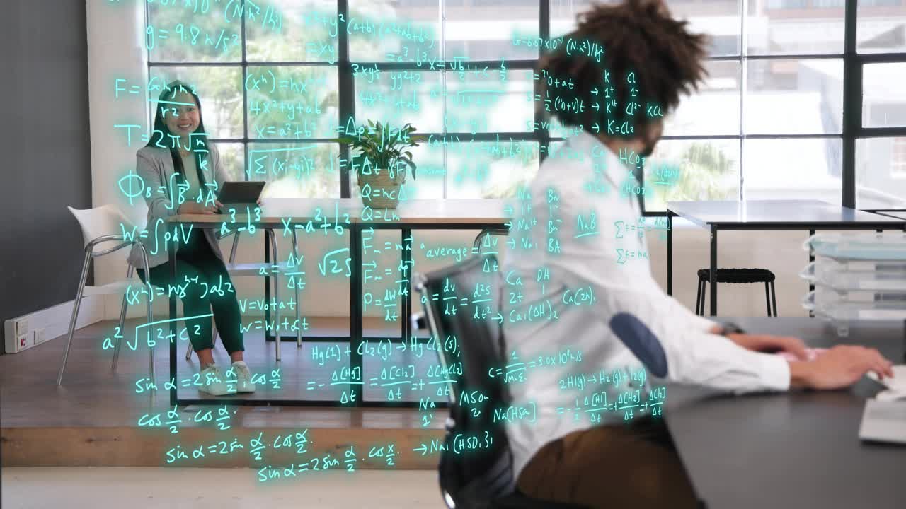 Man typing charts in analytics, teal formulas appearing and drifting, covering coworker with tablet