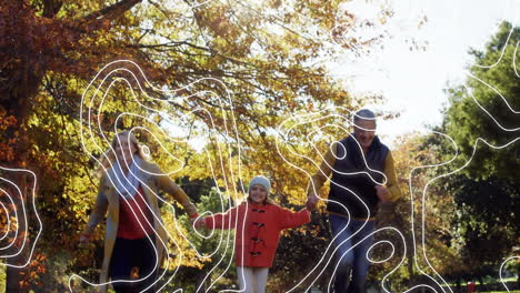 animation of white lines over happy family with daughter in autumn park