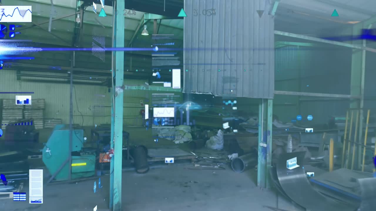 산업 공장 내부의 그래프와 차트에 대한 데이터 처리 애니메이션