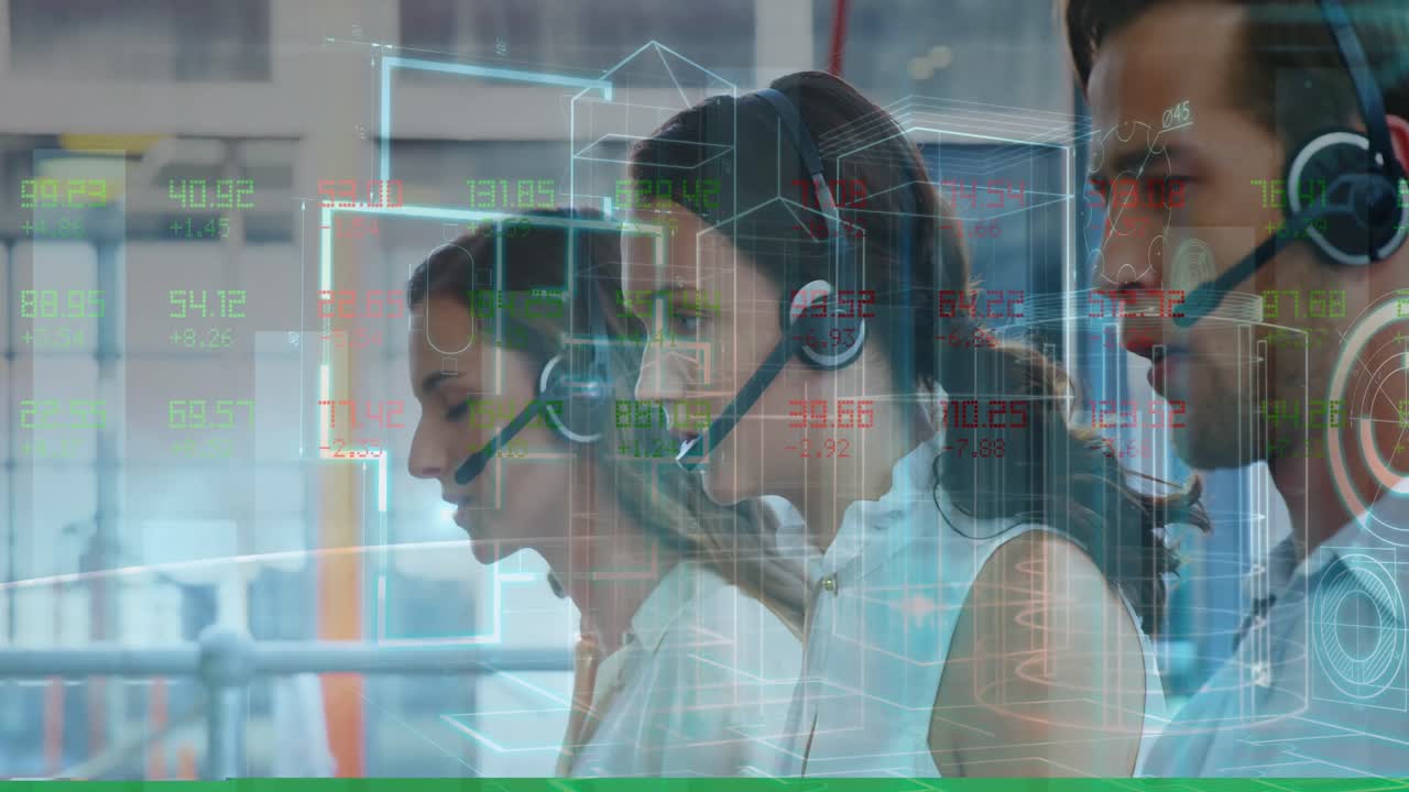 animación de estadísticas y procesamiento de datos sobre personas de negocios que usan auriculares telefónicos