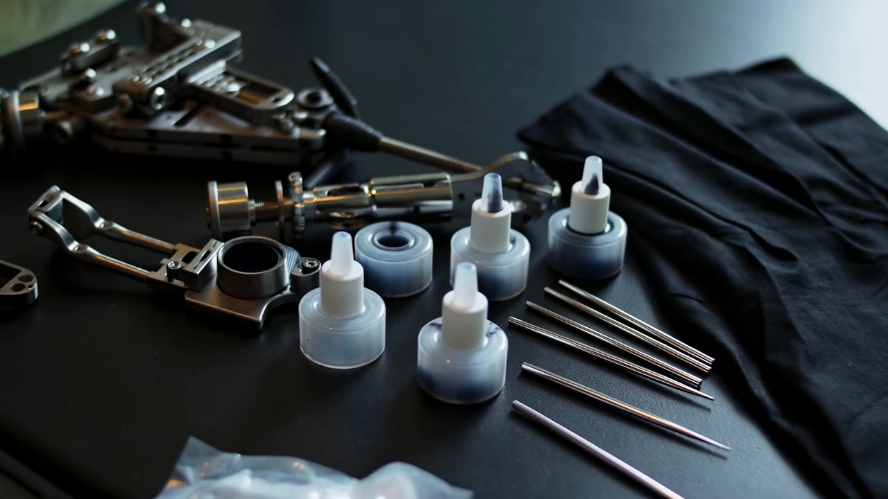 Tattoo Equipment On Black Table, Arranged Ink Caps And Needle Tubes With Rotary Machine And Black Nitrile