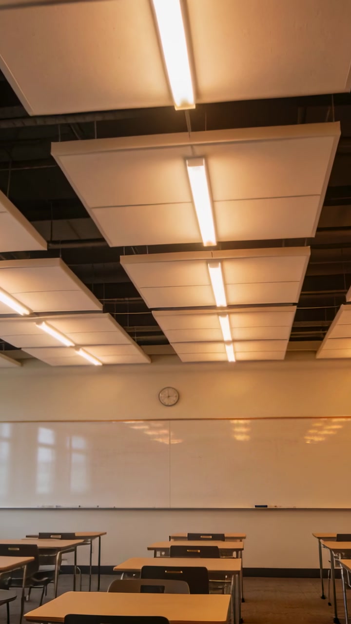 Vertical video: Tilting camera in school classroom, highlighting desks, whiteboard, clock, lights