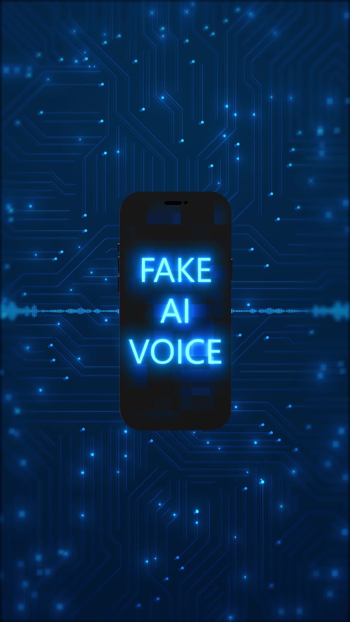 Sfondo telefonico con voce AI finta, testo blu luminoso, forma d'onda audio, linee di circuito stampato e ambiente scuro.