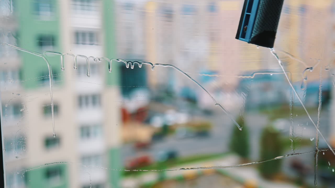Close up view of cleaning wet window. Water cleaner with wet glass.