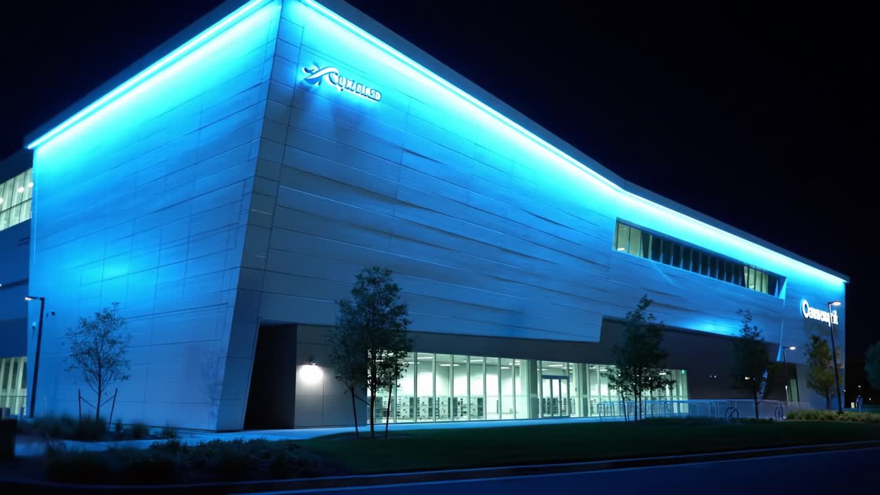 Modern Building at Night with Blue Lighting