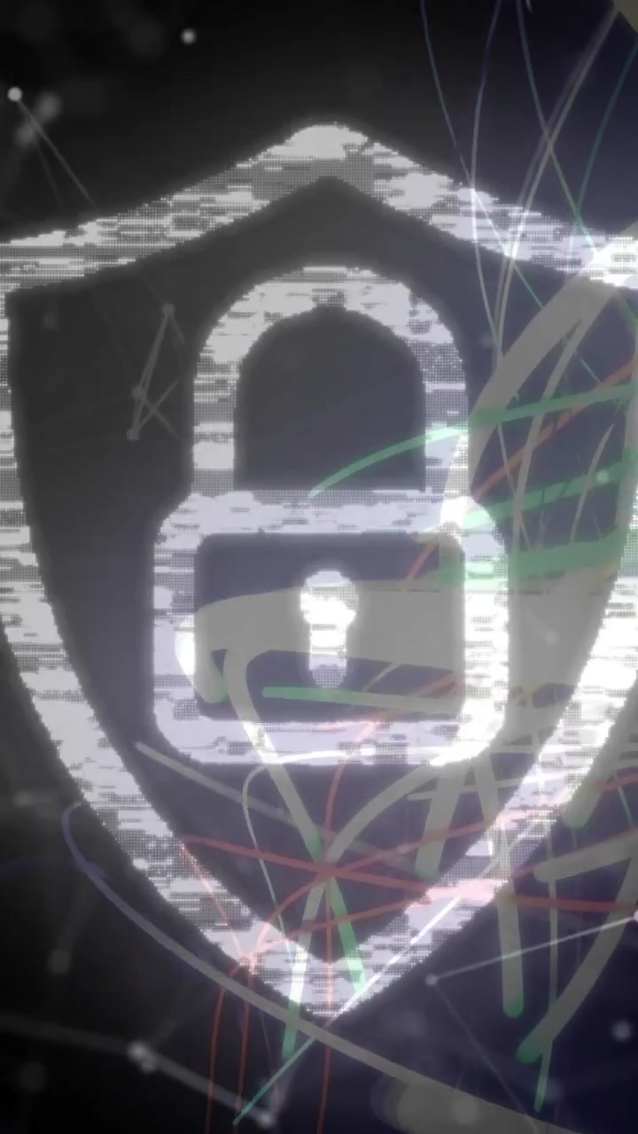 Vertical video: Glitch bands starting chalk shield with padlock flickering and hiding, showing risk