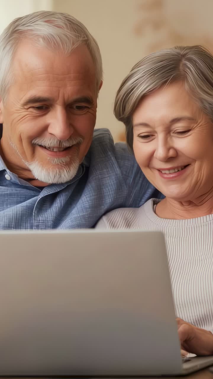 Video verticale: persone anziane sorridenti appoggiate al divano, uomo in blu, donna con maglione a coste che usa un laptop