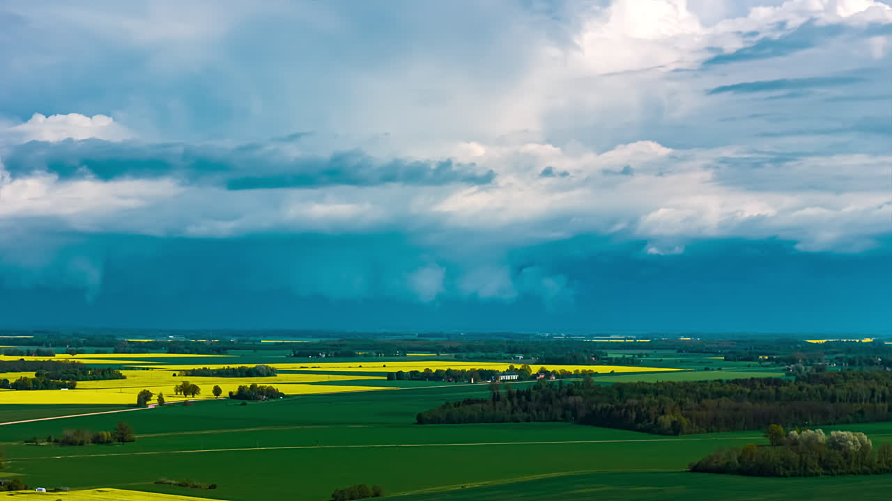 Stormy sky over wide farmland, dramatic timelapse of clouds and light in motion