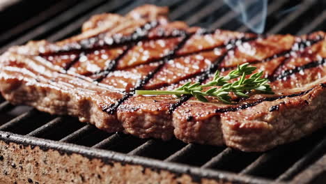 grilled steak with herbs on a barbecue