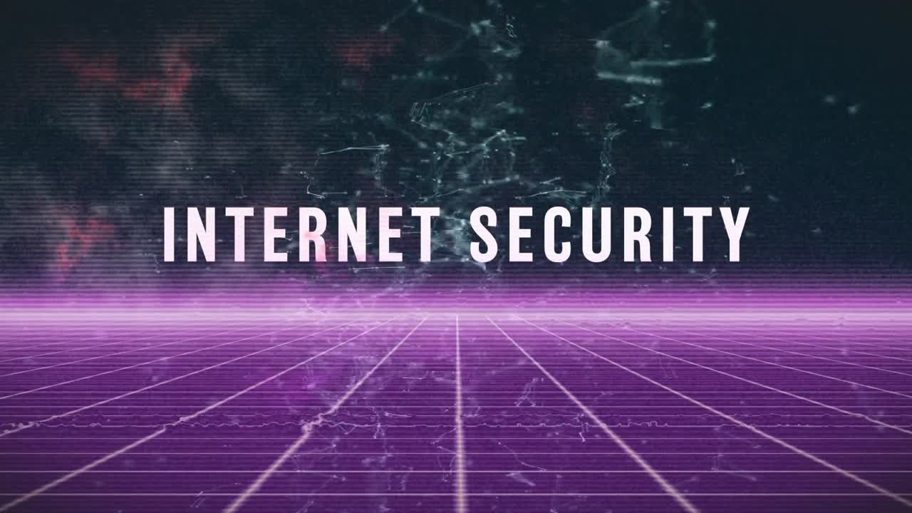Internet security text glowing over neon grid, showing glitch artifacts in retro-futuristic style