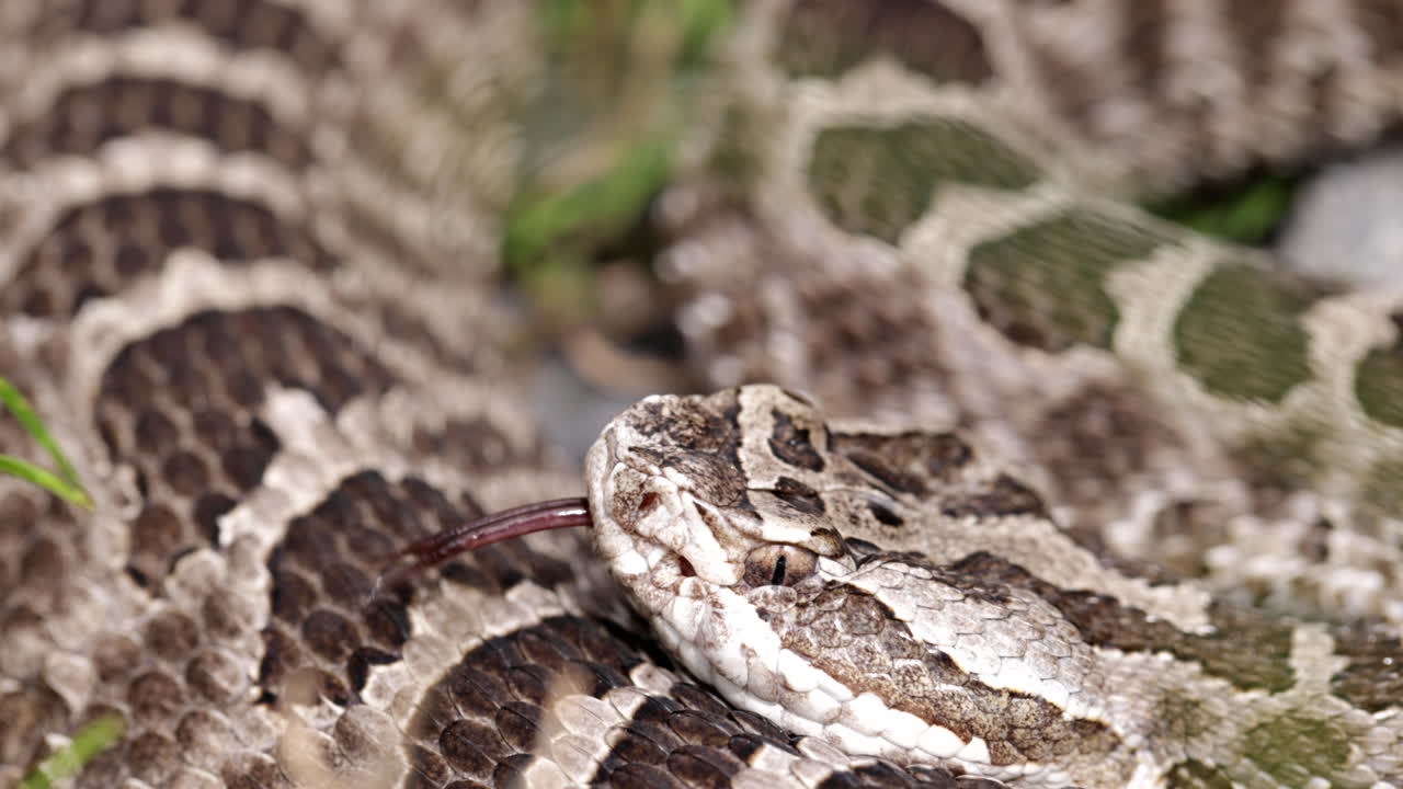 Close up massasauga rattle snake tongue flicking the air