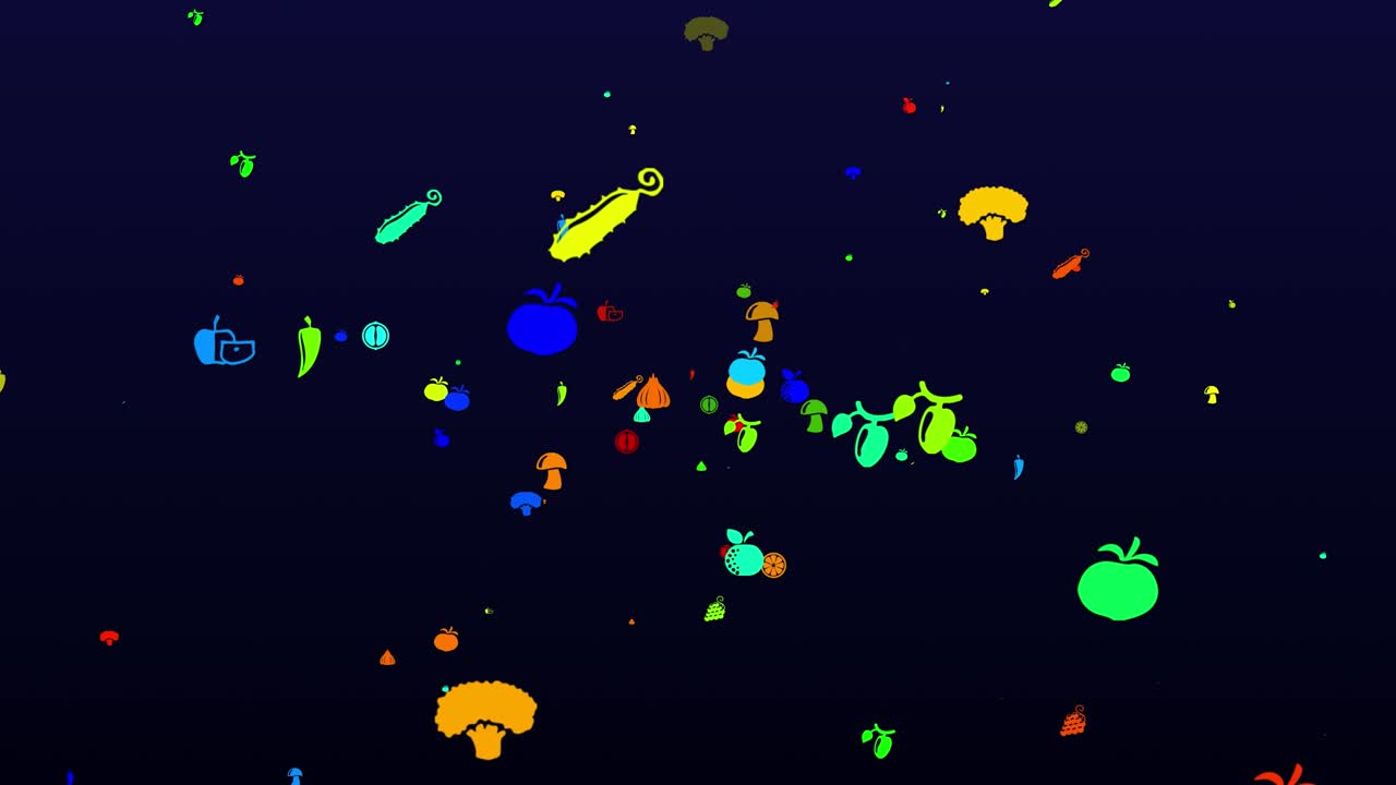 World Vegetarian Day. neon icons background. seamless pattern. loop animation. small, multicolored icons, illustrations or logos appear, fly slowly on black backdrop