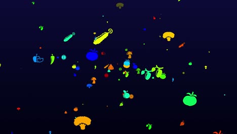 World Vegetarian Day. neon icons background. seamless pattern. loop animation. small, multicolored icons, illustrations or logos appear, fly slowly on black backdrop