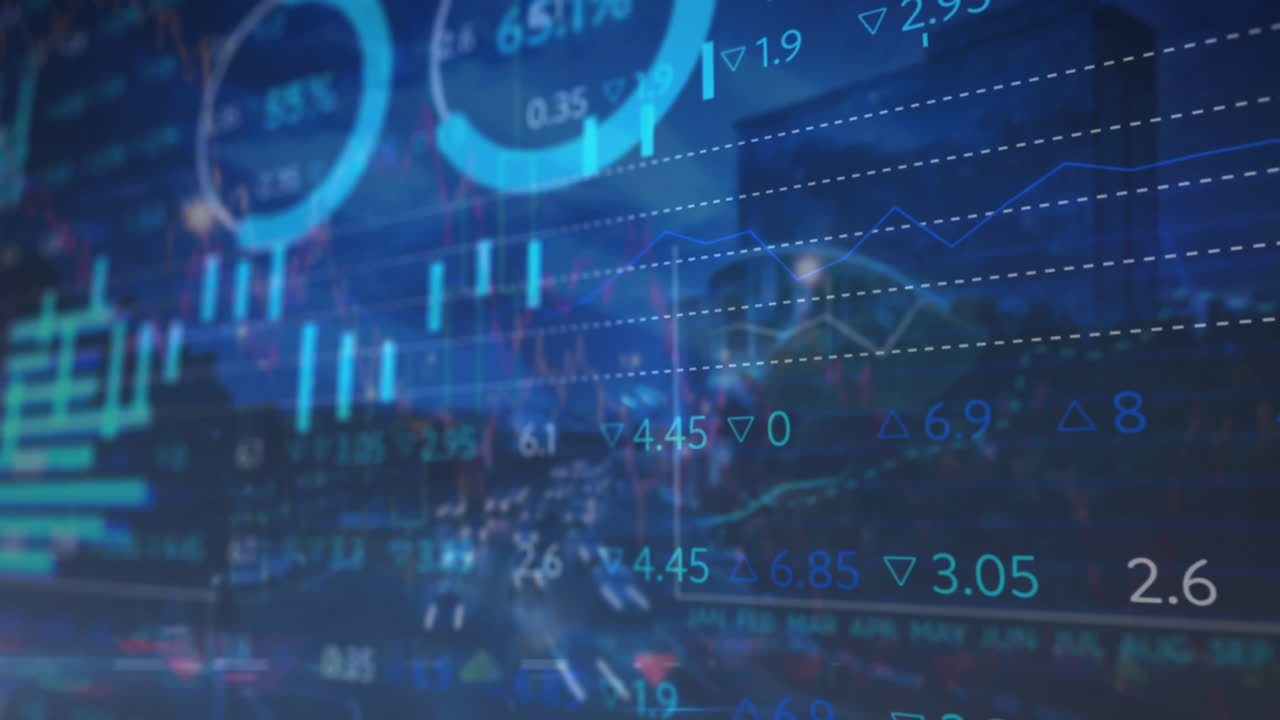 Animation of stock market, statistical data processing against aerial view of city traffic at night