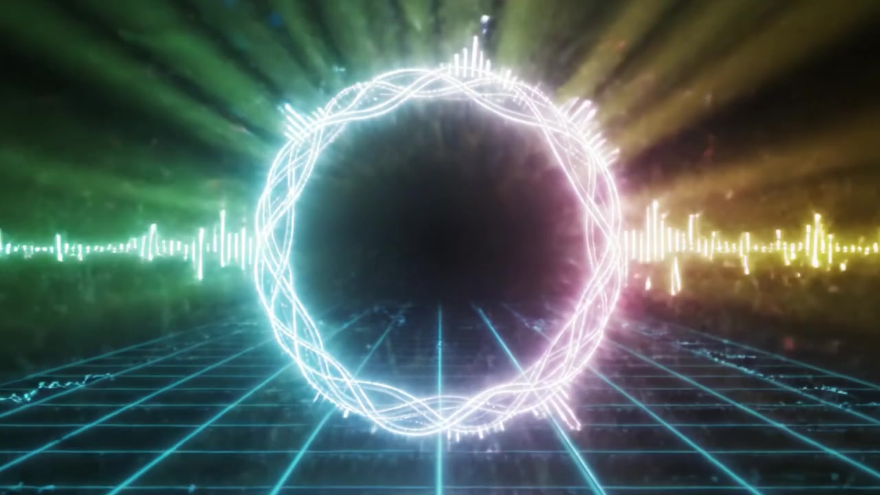 Levende cirkulær lydvisualisering: En fantastisk digital visning af lydbølger og farverige lysmønstre, der pulserer i takt med musikrytmer