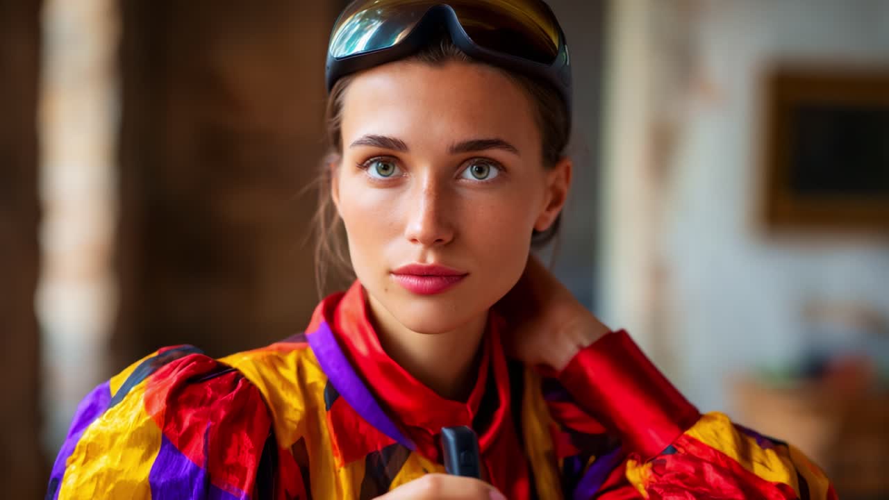 Uma mulher elegante em trajes de esqui coloridos posa pensativa em um espaço interno acolhedor, exibindo moda, confiança e espírito de esportes de inverno com elegância.