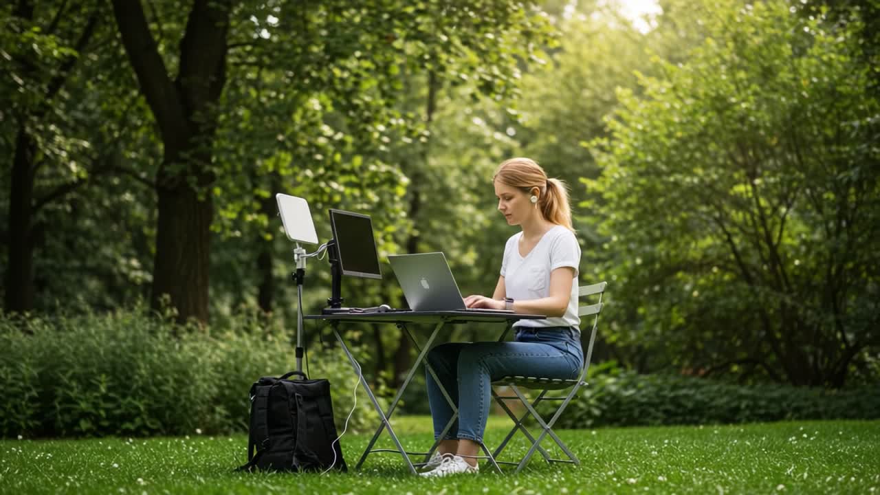 Focused Professional Working Outdoors on Laptop at a Desk in a Lush Green Park Environment While Another Individual Walks by in the Background