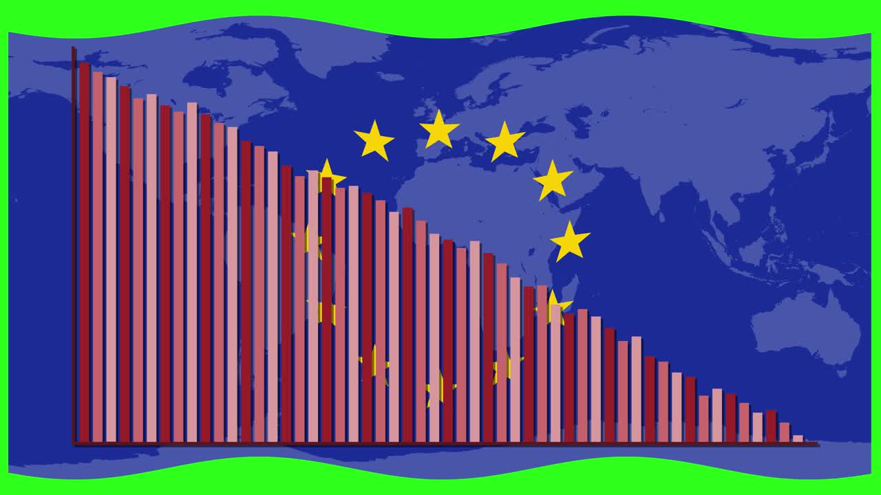Bar graph gradually decreases over European Union flag with world map, blue background, smooth animation