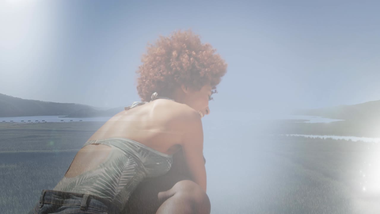 animación de una mujer afroamericana relajándose en una playa soleada sobre el paisaje