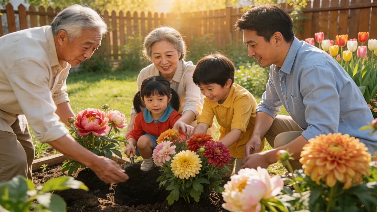 Video dọc: Nâng ông đang chuyền cây, gia đình trồng hoa vào luống vườn bằng xẻng làm vườn