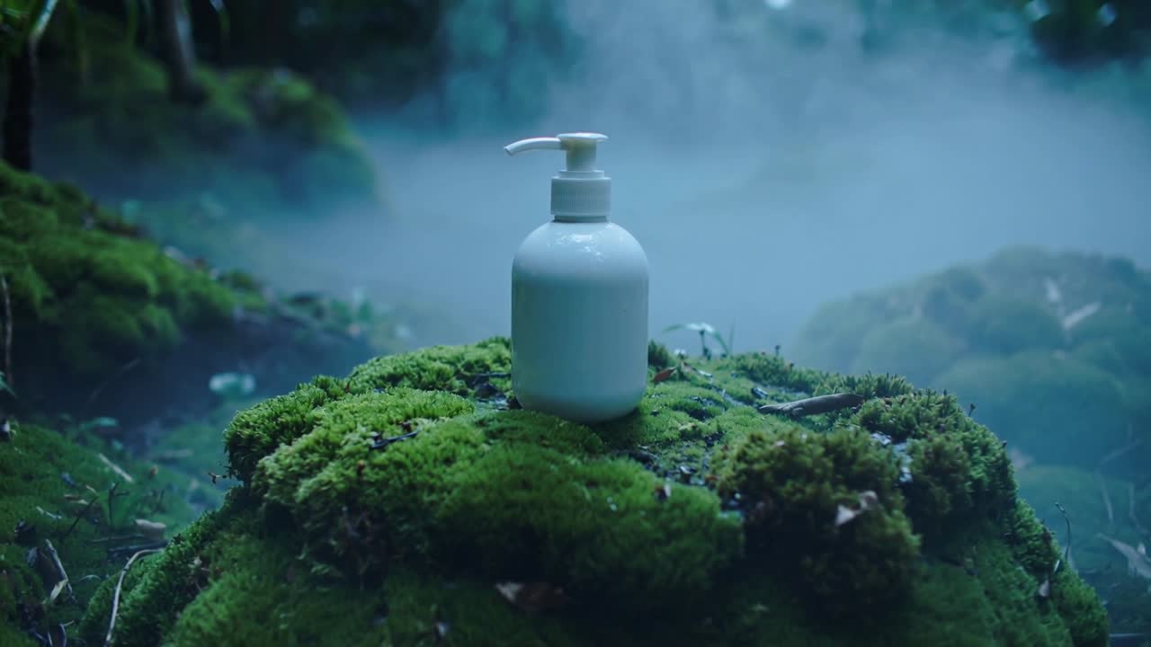 カメラがズームインして近づき、森の苔の丘に置かれた白いポンプボトルがその質感を示している。
