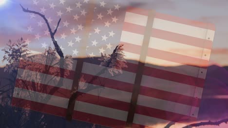 animation of american flag over stunning landscape