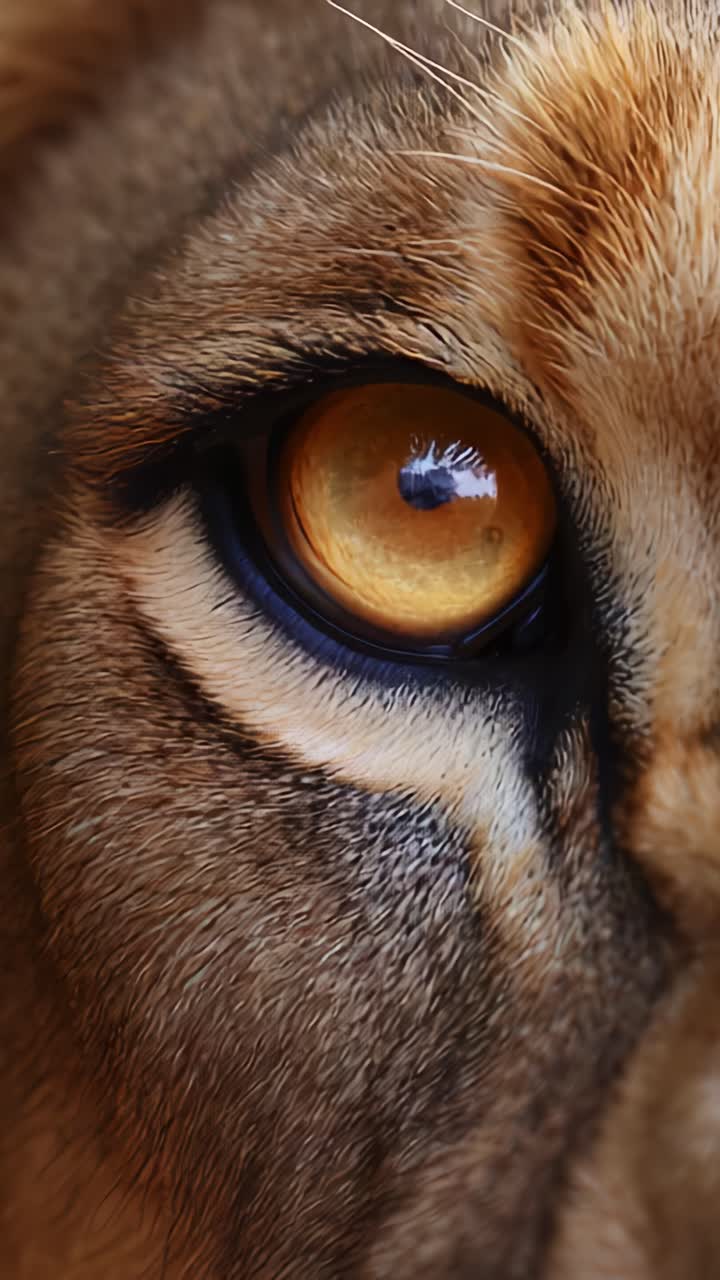 Close-Up of a Lion's Eye Capturing Unique Patterns and Colors, Featuring Deep Amber Tones and Intricate Striations, Reflecting the Majesty of Wildlife