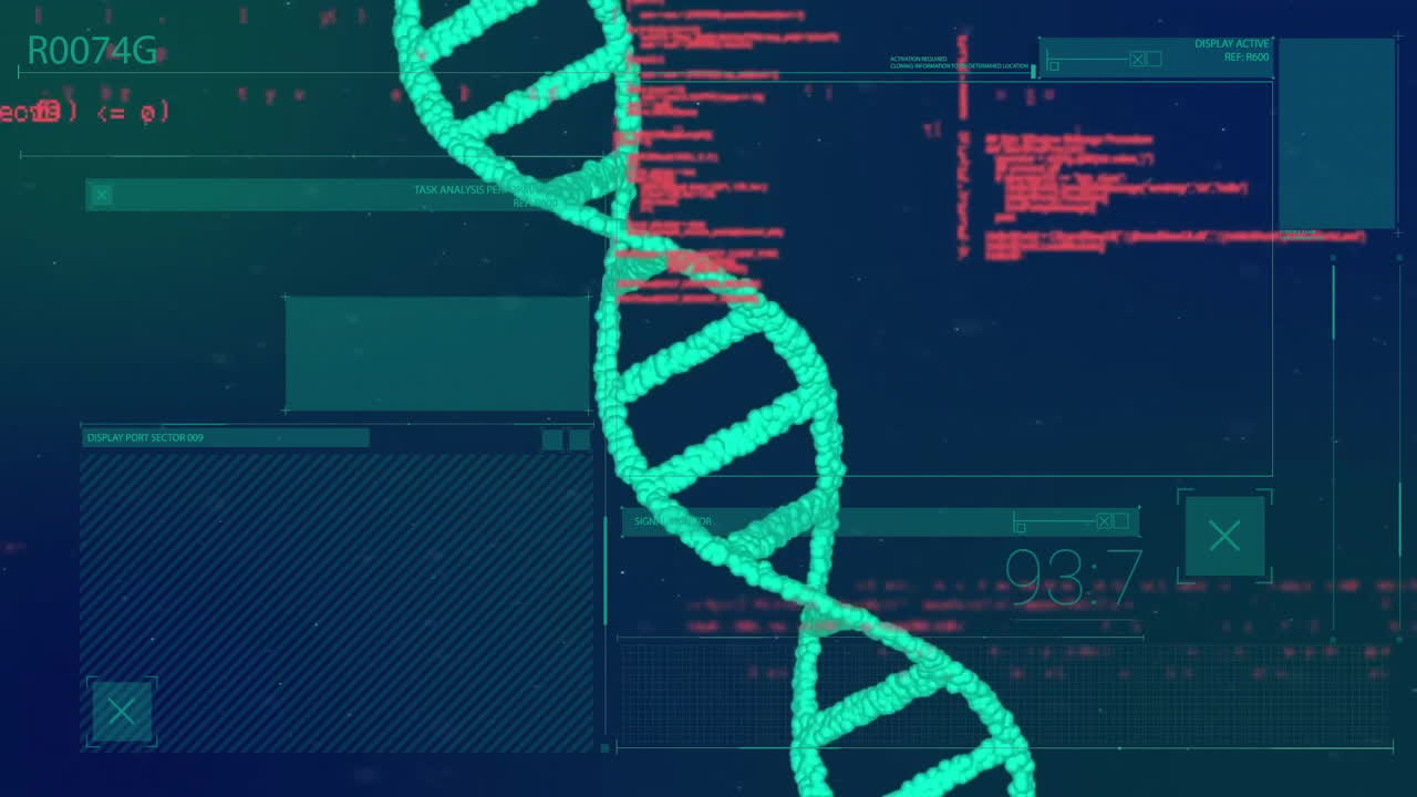 Animation of dna strand over data processing on black background