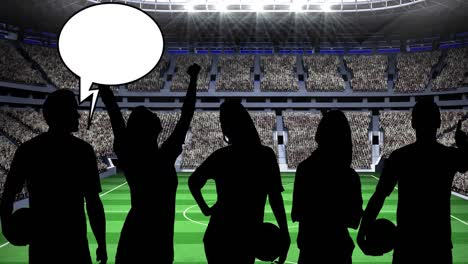 Animation-of-silhouette-of-sport-fans-with-speech-bubbles-on-sports-stadium-background