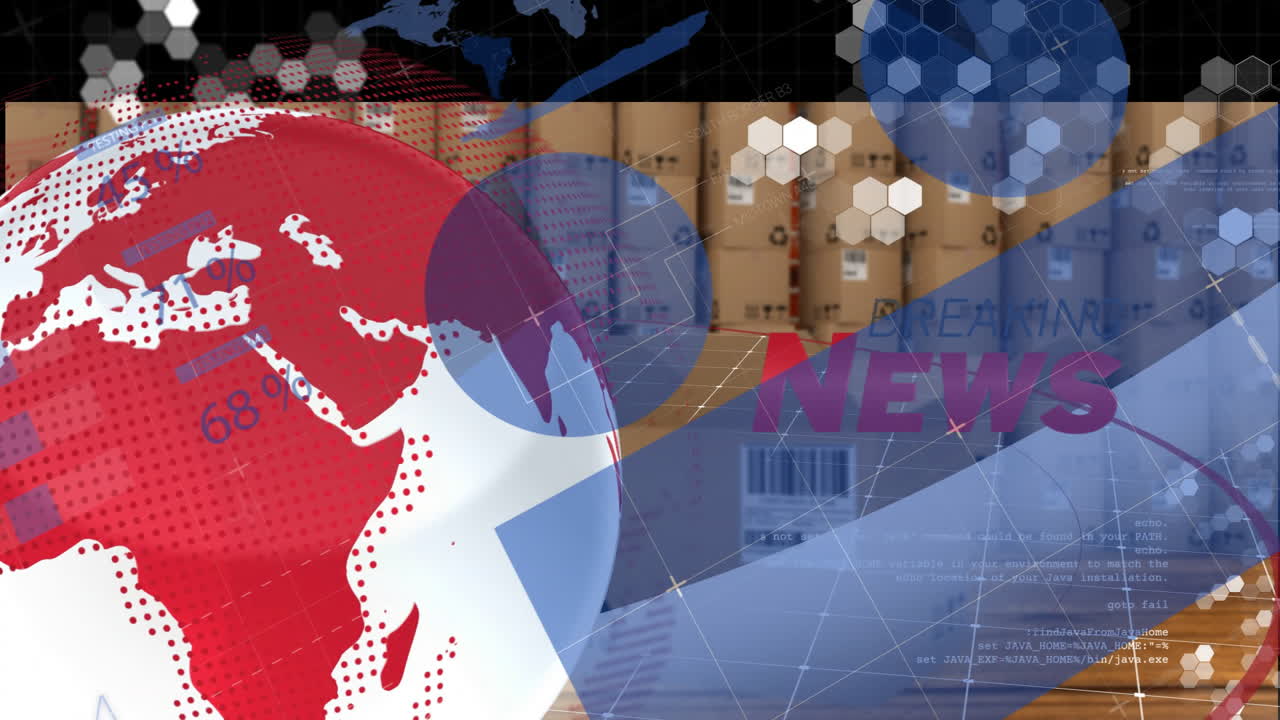 Breaking news animation over globe and warehouse background with hexagonal patterns
