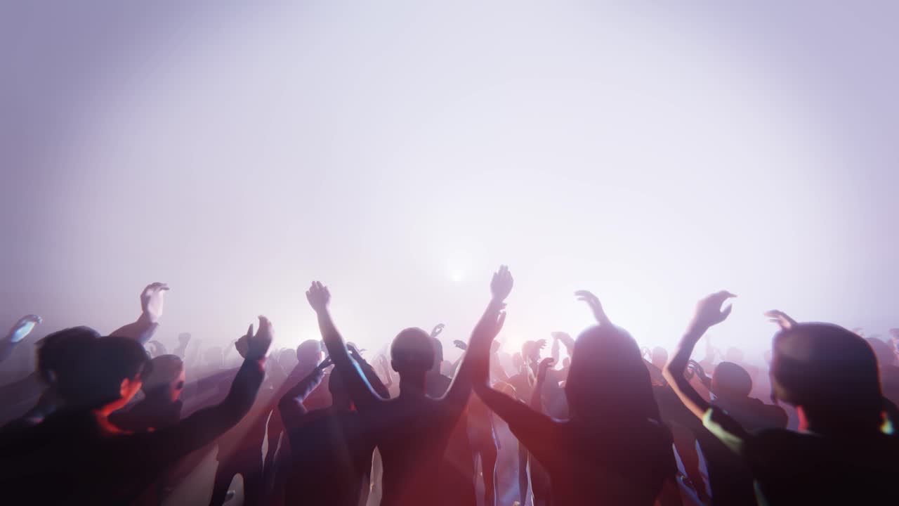 Energetic Crowd with Raised Hands Cheering at a Bright Concert