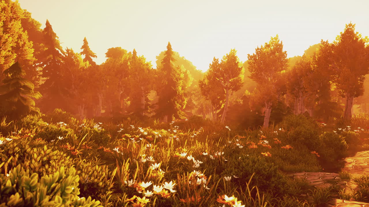 карикатурные солнечные лучи, проходящие сквозь деревья