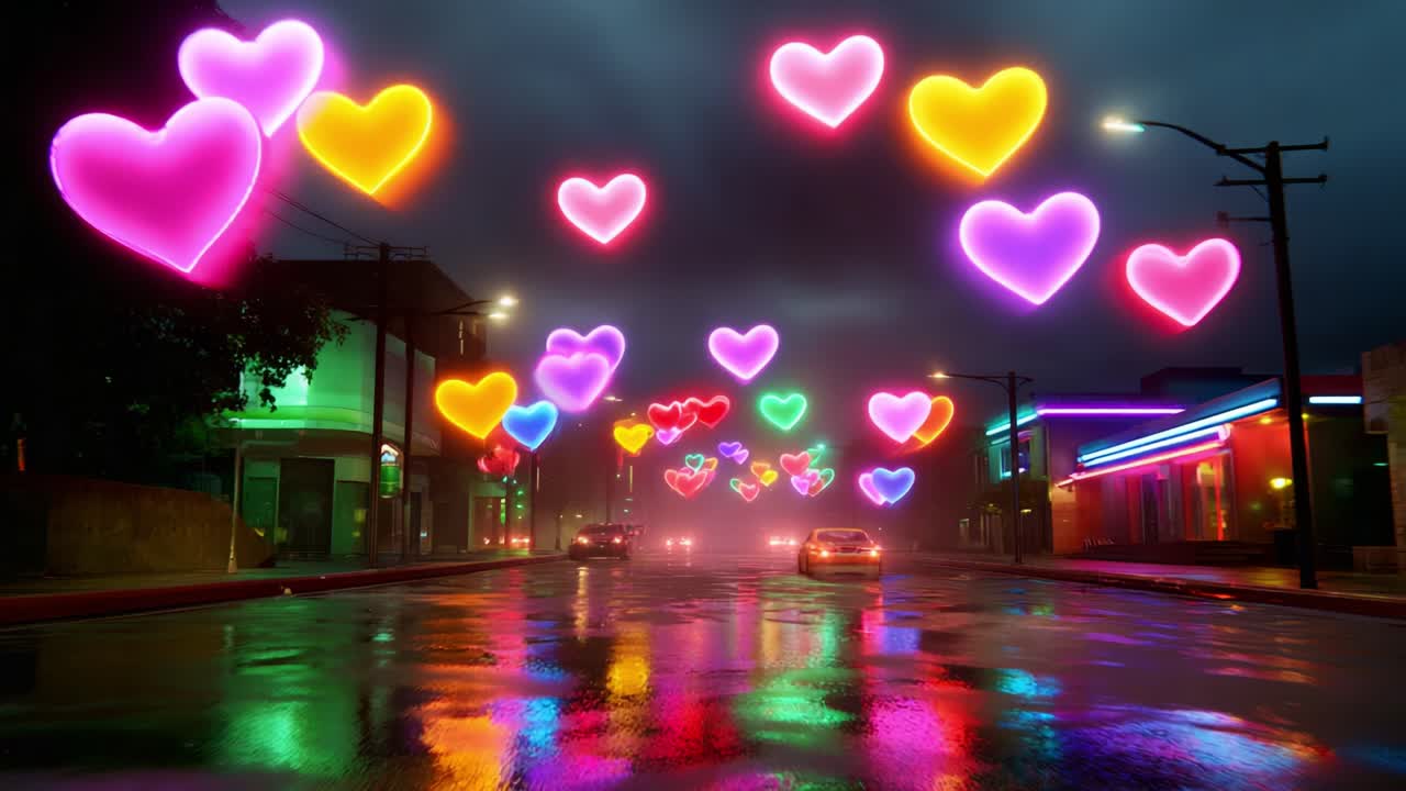 A Vibrant Display of Colorful Hearts Illuminates a Rainy Urban Street Scene at Night, Reflecting on the Wet Pavement and Creating a Romantic Ambiance with Neon Lights and Glowing Symbols of Love