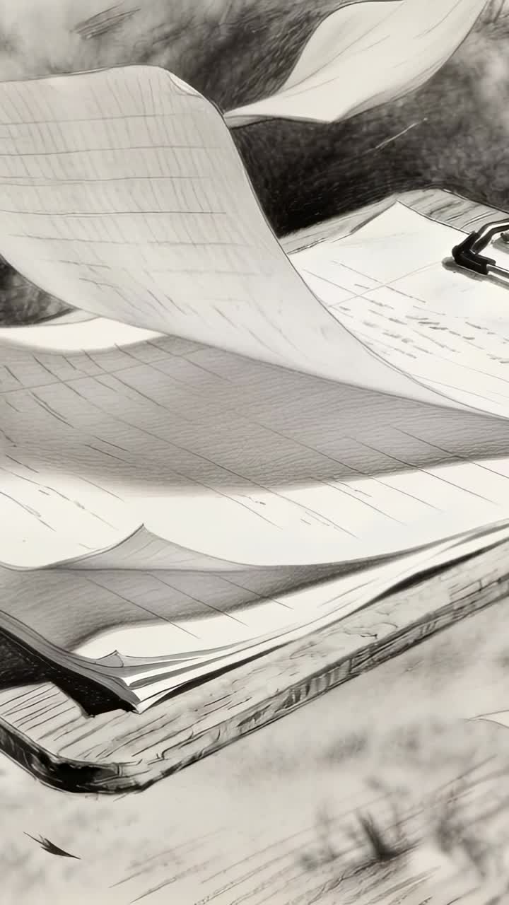 Vertical video: Gust lifting lined paper stack clipped to wooden clipboard on bench, pages curling