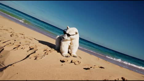 oso polar con gafas de sol en una playa tropical