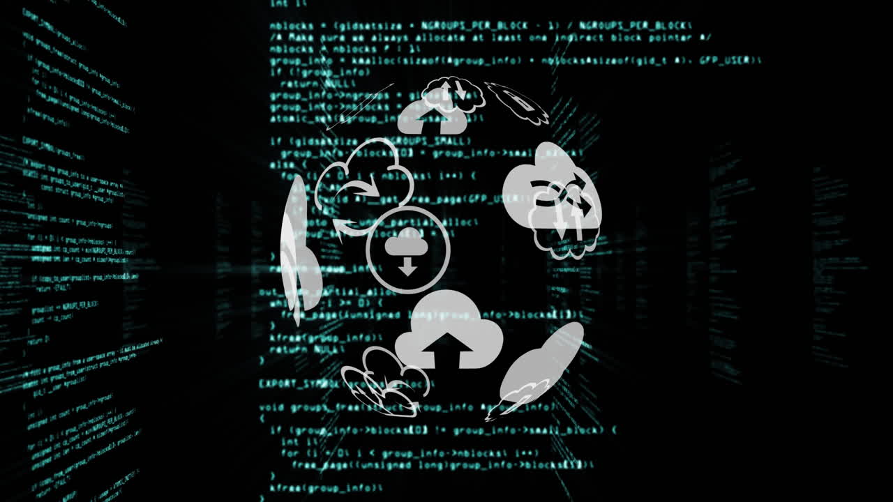 Animation of a rotating icons globe over information scrolling on background