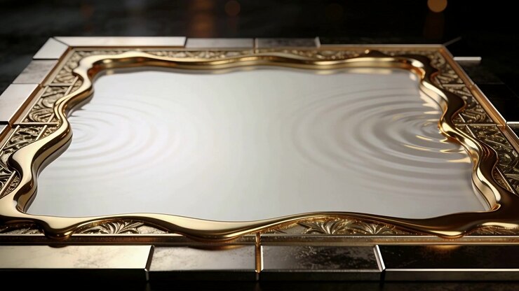 Rippling ornate gold frame mirror in studio showing concentric waves moving after right-edge taps