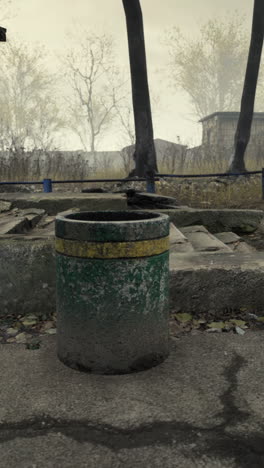 a green trash can sits in front of a weathered concrete building with broken steps and overgrown grass