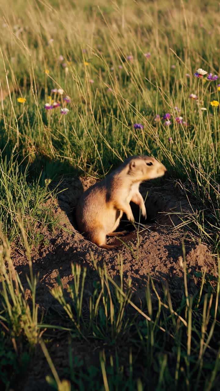 Un video a livello del suolo cattura un cane della prateria in una vasta prateria illuminata dal sole, evidenziandone la serenità