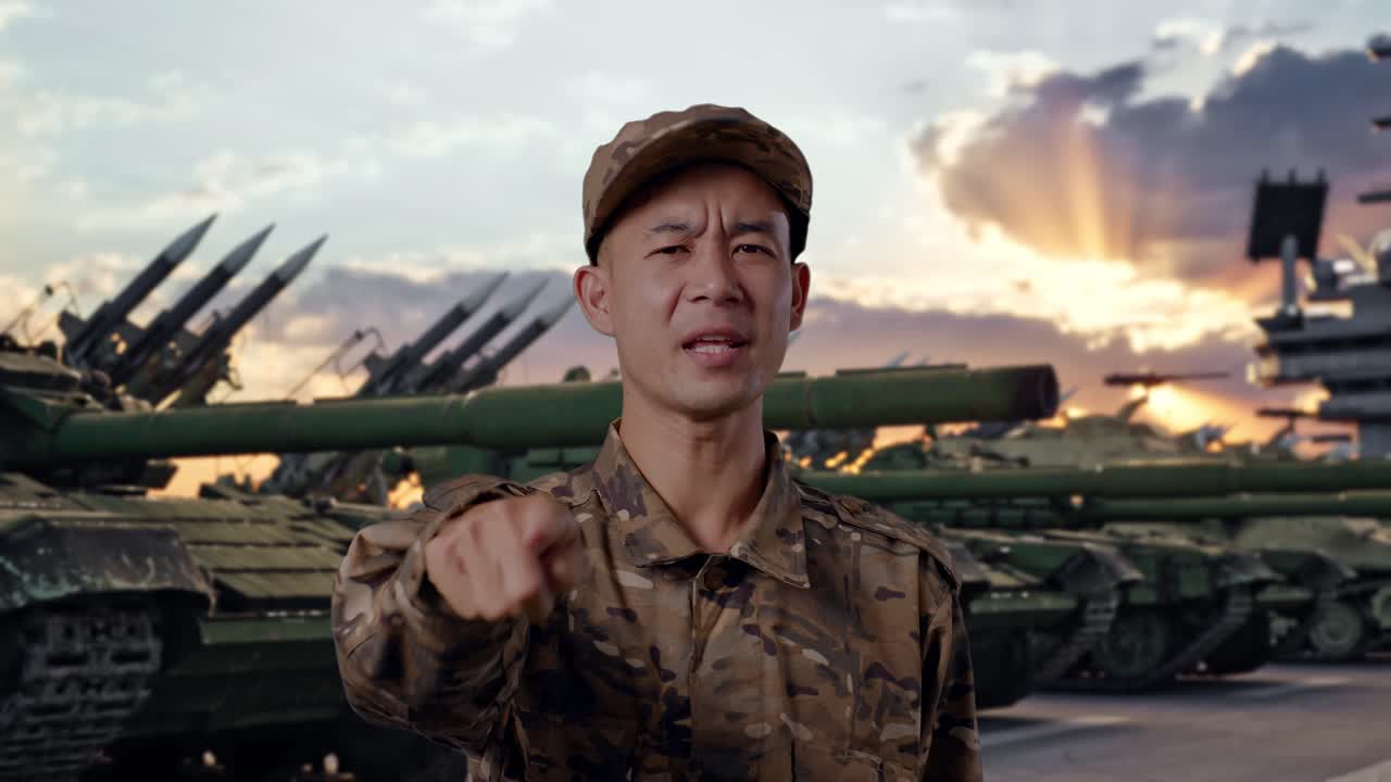 Close Up Tentara Pria Asia Berteriak ke Kamera Sambil Berdiri dengan Tank