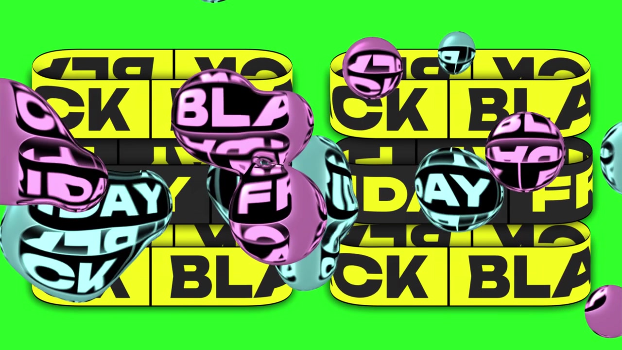 Dynamisk Black Friday-tekst med flydende metalliske kugler på grøn skærm.