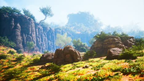 paisaje vibrante con acantilados rocosos y vegetación exuberante durante el día soleado