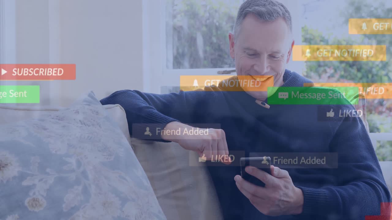 스마트폰을 사용하는 백인 남성에 대한 미디어 아이콘의 애니메이션