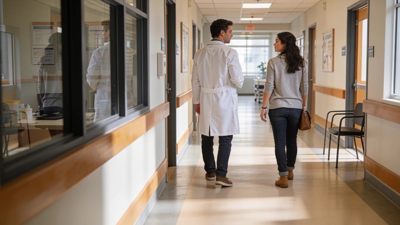 Médico caminhando orientando paciente após levantar a mão em corredor de hospital, com jaleco branco e bolsa marrom