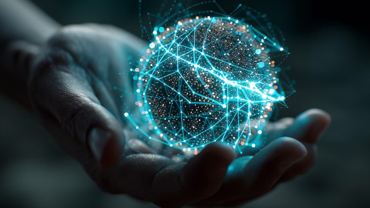 A Captivating Glimpse of Energy: Illuminated Sphere of Light Held in a Hand, Symbolizing Connection and Innovation in a Cosmic Dance of Particles and Waves