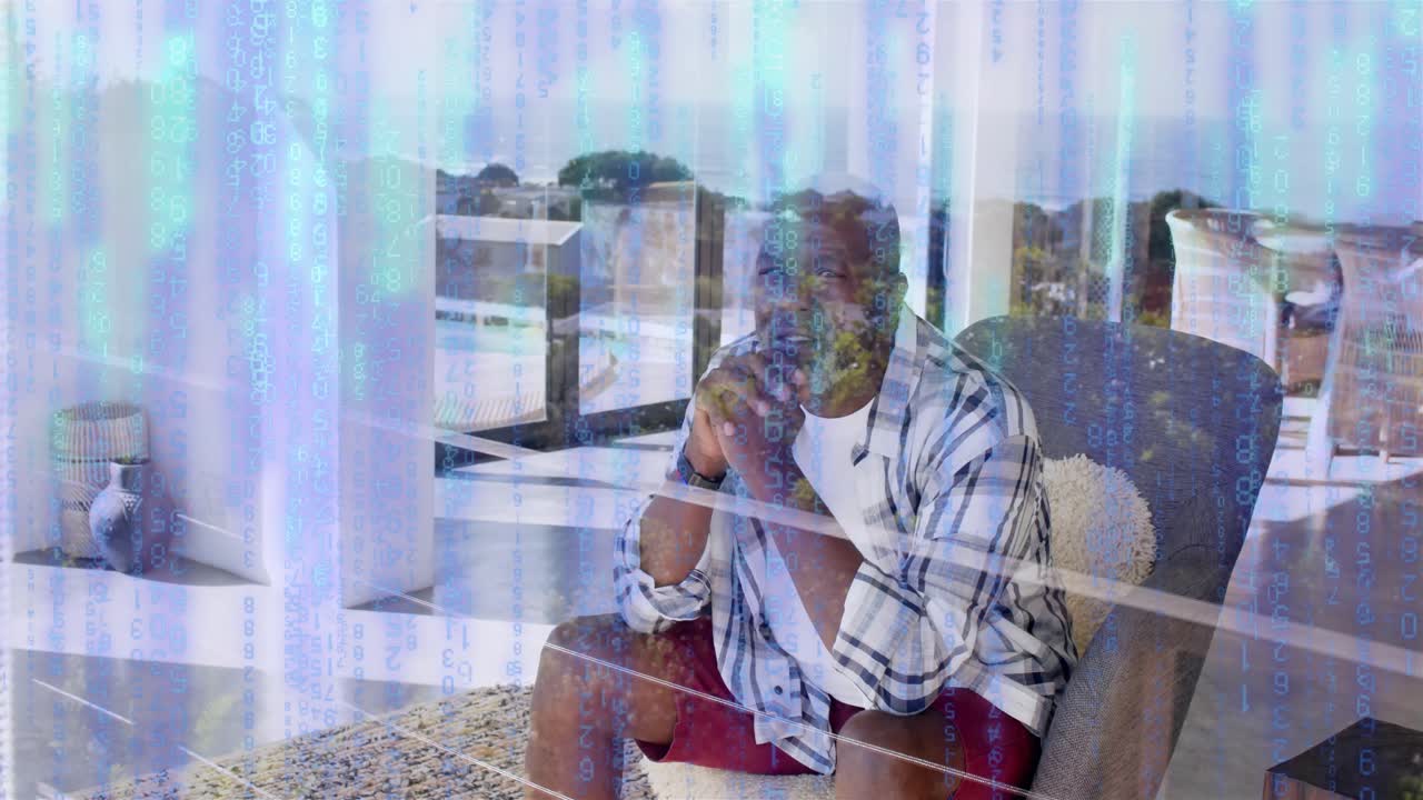 Senior man sitting in chair getting watch buzz, seeing blue streak tech veil hiding, showing ocean