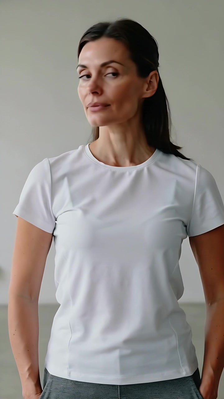 Video verticale: Aprendo gli occhi, una donna esegue lenti movimenti della testa davanti a una parete grigia, indossando una camicia bianca.