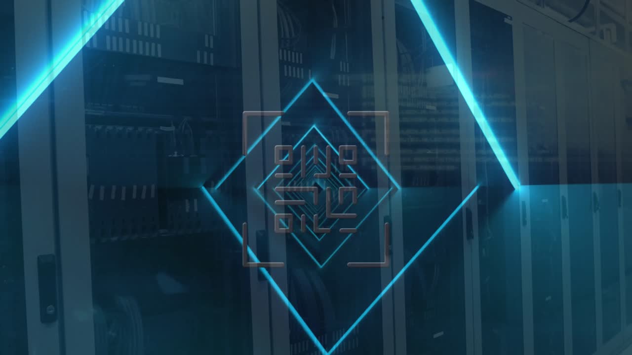 QR code scanner with neon elements against computer servers